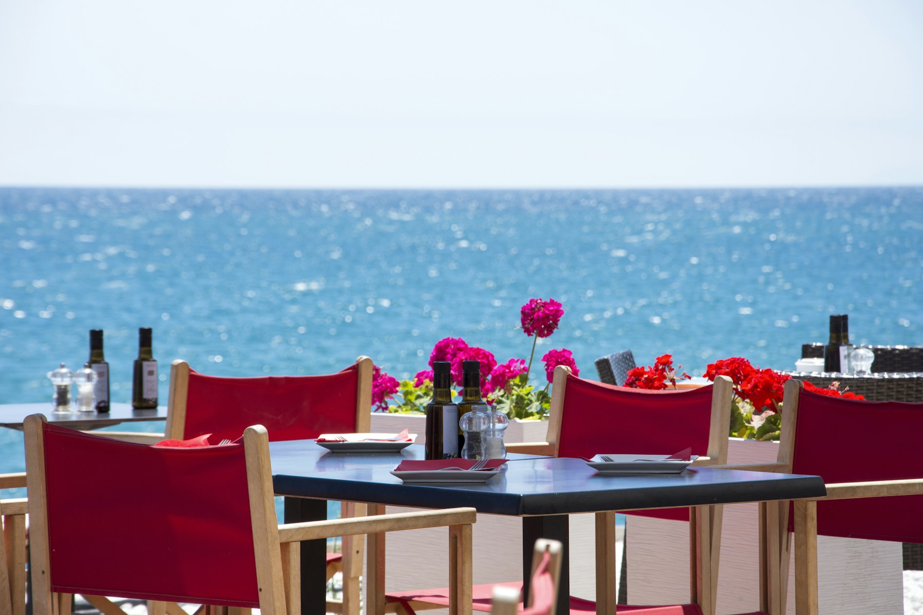 Guests arriving at a bright coastal terrace, greeted on the water's edge